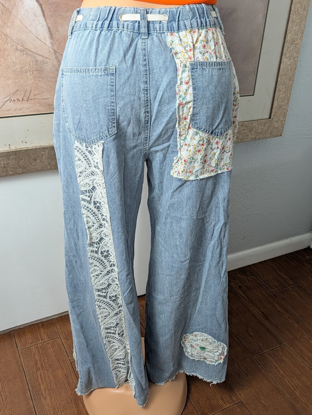 POL Drawstring Lace Floral Patchwork Wide Leg Flare Jeans Size M - Picture 5 of 10